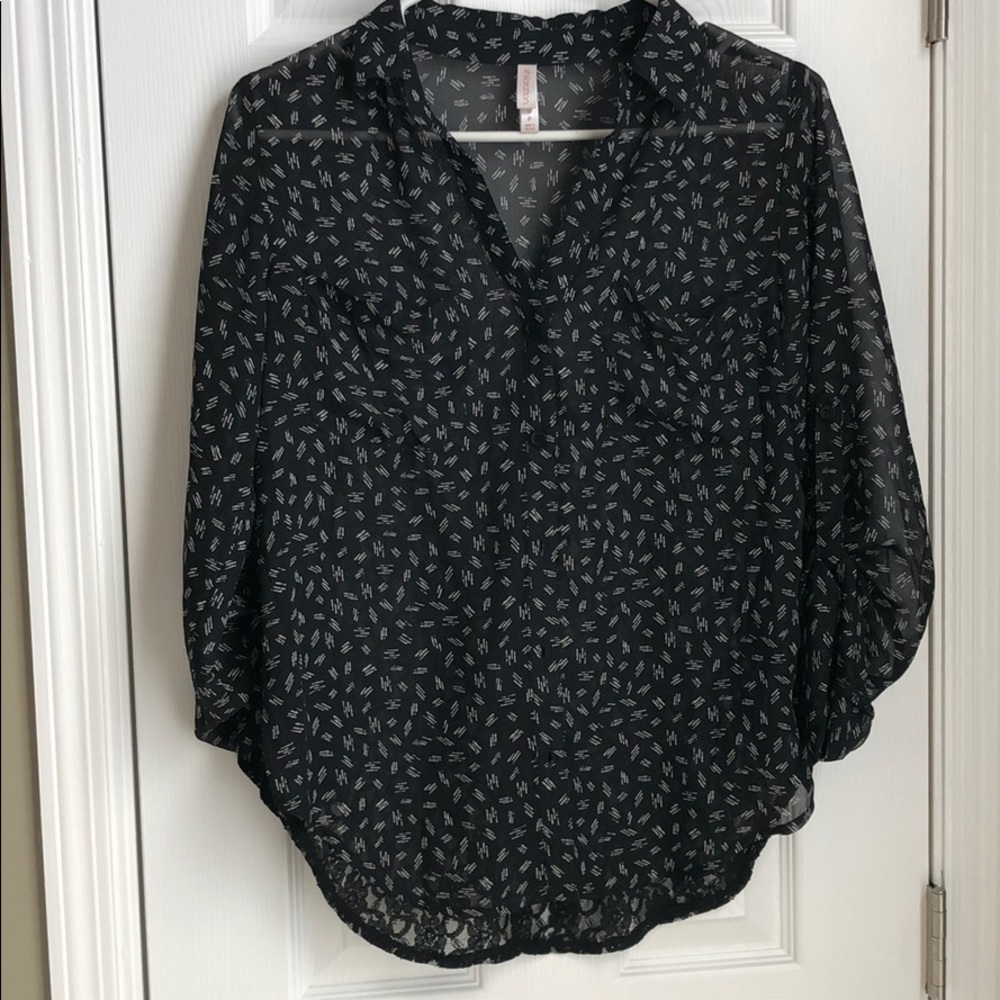Sheer black with lace back dressy blouse